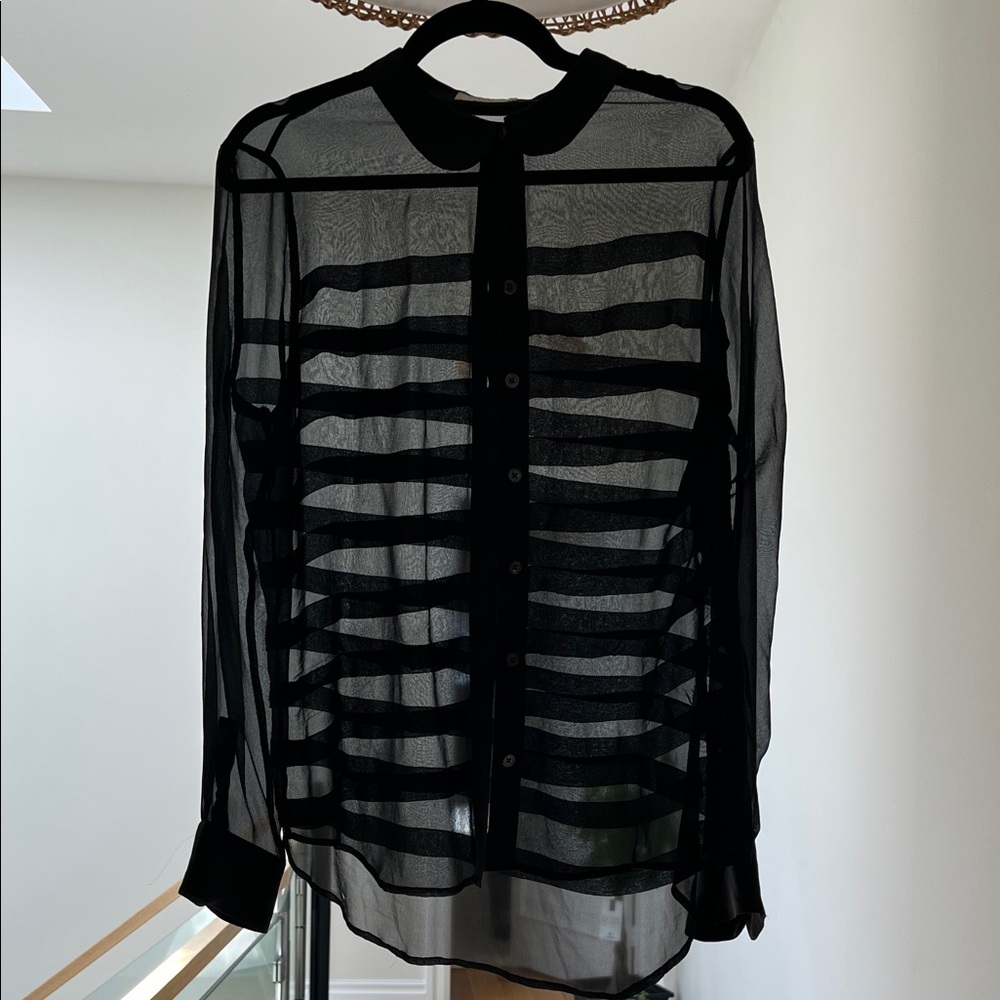 Equipment Sheer Black Button-Up Blouse with Layered Details